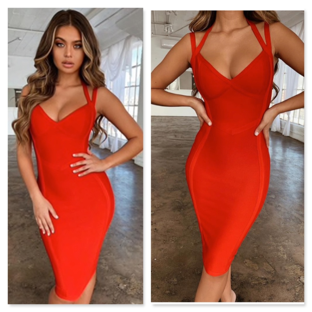 🎥 Bandage V-Neck Strappy Midi Dress in Red - Picture 4 of 11